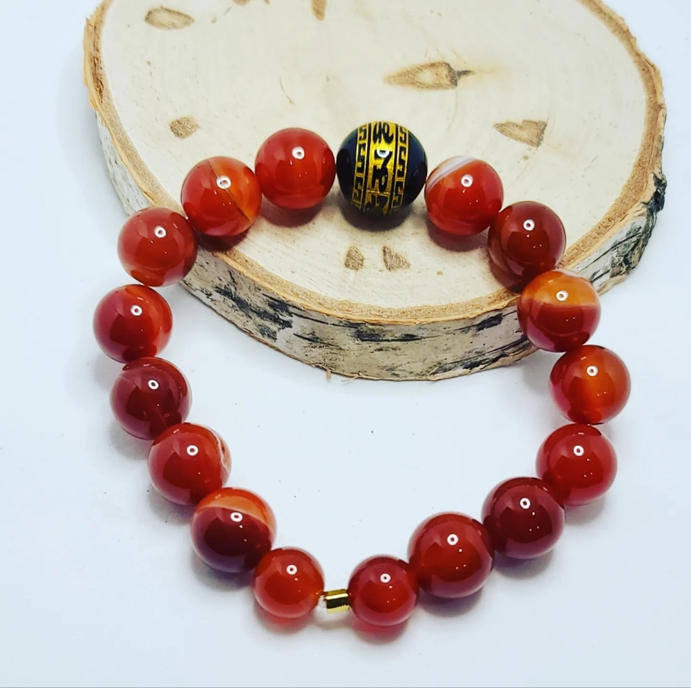 Red Agate , Black Obsidian Mantra bracelet 12 mm